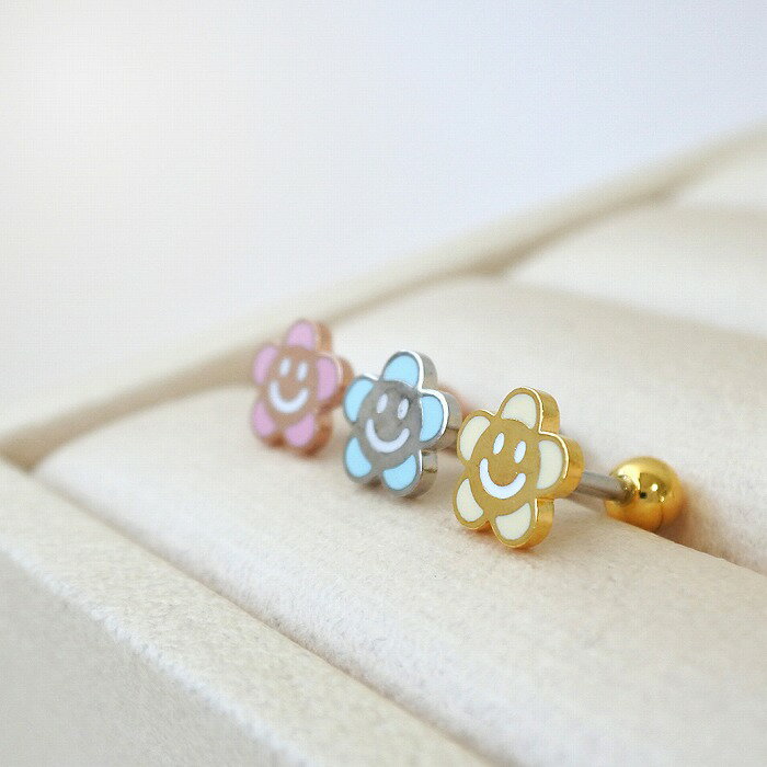 ボディピアス 軟骨ピアス ［14G 16G ］遊び心あふれる可愛い スマイル ×フラワー デザイン ストレート ヘリックス 1004 ボディーピアス