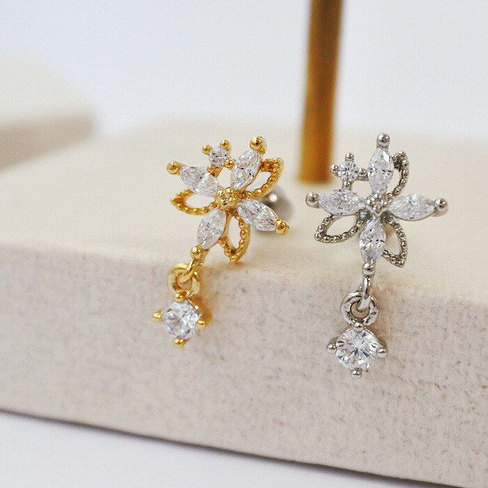 ボディピアス 軟骨ピアス ［14G 16G ］重なった花びらが可愛い♪ 繊細な フラワー×ゆらゆら揺れる一粒 CZ デザイン flower ストレート ヘリックス 0615 ボディーピアス