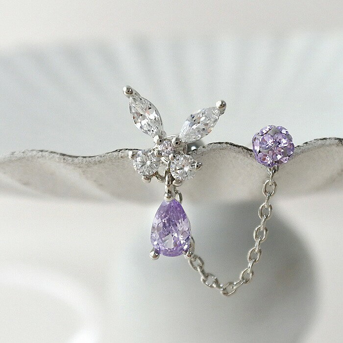 ボディピアス 軟骨ピアス ［16G ］2way バタフライ ×パープル パヴェ キャービック 2ホール チェーン ヘリックス 1171 ボディーピアス