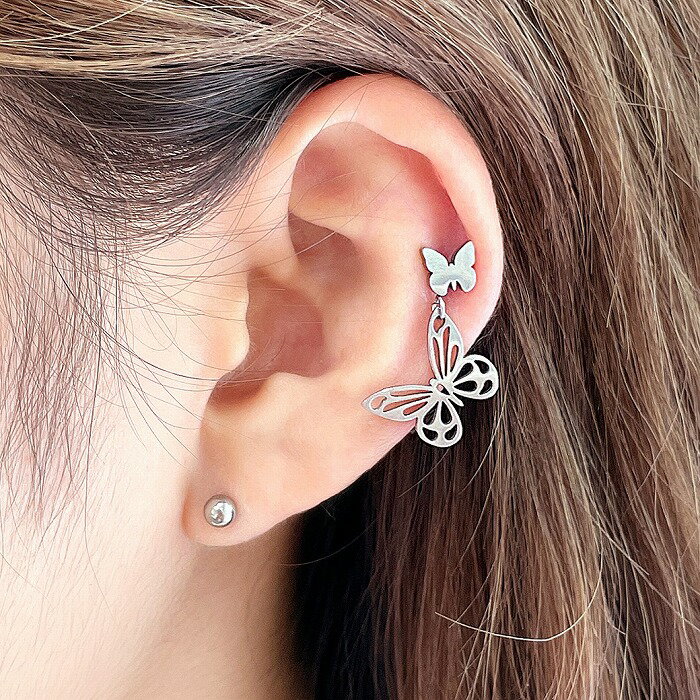 ボディピアス 軟骨ピアス ［16G ］オールステンレス素材が嬉しい！ゆらゆら揺れる2連 メタル バタフライ モチーフストレート ヘリックス 0277 ボディーピアス