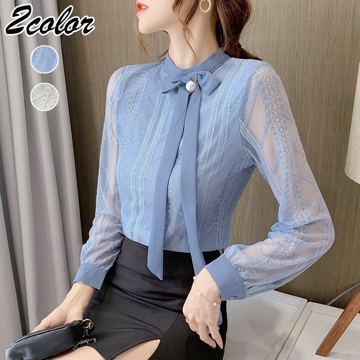 乐天商城 - スタンドネック ブラウス 長袖 シフォン シャツ レディース トップス 上品 エレガント きれいめ ブルー OL オフィス 通勤 フォーマル ビジネス 事務服 立ち襟 S M L XL 2XL ゆったり 春 秋