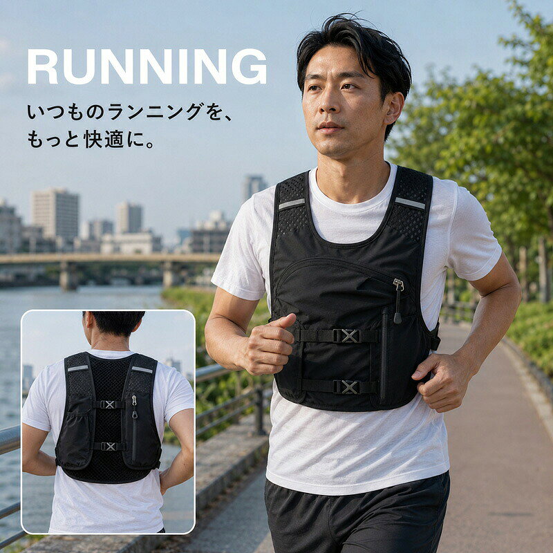 走る時間を、もっと自由で快適に。シーンに合わせて使える多機能ランニングバッグランニング、サイクリング、ハイキングなど、アクティブな毎日をスマートにサポートします。 商品アピールポイント ムレにくく快適な3Dメッシュ素材背面やショルダー部分には通気性に優れた3Dメッシュを採用。汗をかいても蒸れにくく、長時間の運動でも快適な背負い心地をキープします。 必要なものをすぐ手元に置ける多機能ポケットスマートフォン、250mlソフトフラスク、鍵、エナジーゲルなどを分けて収納可能。走る動作を邪魔せず、必要なアイテムをスムーズに取り出せます。 揺れを抑えて体にしっかりフィット2本のチェストベルトと調整可能なベルトにより、体型や走るフォームに合わせてしっかりと固定。激しい動きでもズレを抑えます。 突然の雨でも安心の撥水加工表面には撥水加工を施しているため、急な天候変化や汗から大切な荷物を守ります。細部まで丁寧な縫製とスムーズなファスナーで仕上げています。 夜間も安心の反射材付き随所に反射素材を配置しているため、夜間や早朝のランニングでも視認性を高め、安全性を考慮した設計になっています。 商品仕様商品名ランニングベスト / スポーツポーチサイズフリーサイズ（調整可能ベルト付き）カラーライトグレー、ブラック（全2色）素材撥水加工生地、ポリエステル、3Dメッシュ 他主な機能撥水加工、3D通気メッシュ、夜間反射材、250mlソフトフラスク対応 ご購入時の注意事項商品画像内のスマートフォン、ボトル、タオルなどの小物は撮影用サンプルであり、製品には付属いたしません。手作業による採寸のため、1〜2cm程度の誤差が生じる場合がございます。予めご了承ください。お使いのモニター環境や撮影時の光の加減により、画像と実際の商品の色合いが若干異なる場合がございます。完全防水ではありません。激しい雨の中での長時間の使用や水没により、内部に浸水する恐れがありますのでご注意ください。