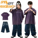 キッズ ダンス衣装 パープル 半袖 Tシャツ ブルー デニムパンツ ダメージ加工 セットアップ 上下セット おしゃれ 女の子 男の子 子供 かっこいい かわいい...