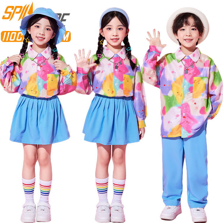 柄シャツ パンツ スカート チア チアガール キッズ ダンス衣装 セットアップ 上下セット おしゃれ 女の子 男の子 かわいい カジュアル ゆったり 長袖 トップス ダンスウエア ヒップホップ ジャズダンス 韓国 k-pop 舞台服 演出服 練習着 団体服 発表会 個性 派手 春 夏 秋 冬