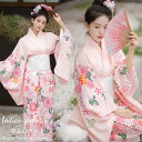 菊柄 浴衣 レディース 大人 高校生 ゆかた yukata 女性 ピンク 作り帯 女性 女の子 洗える 和服 レトロ 街着 お出かけ お稽古 ショッピング お祭...