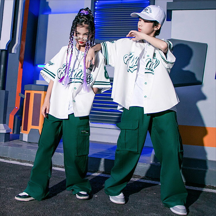 緑色 ホワイト ベースボールシャツ 韓国 k-pop 発表会 演出服 カジュアルシャツ キ...