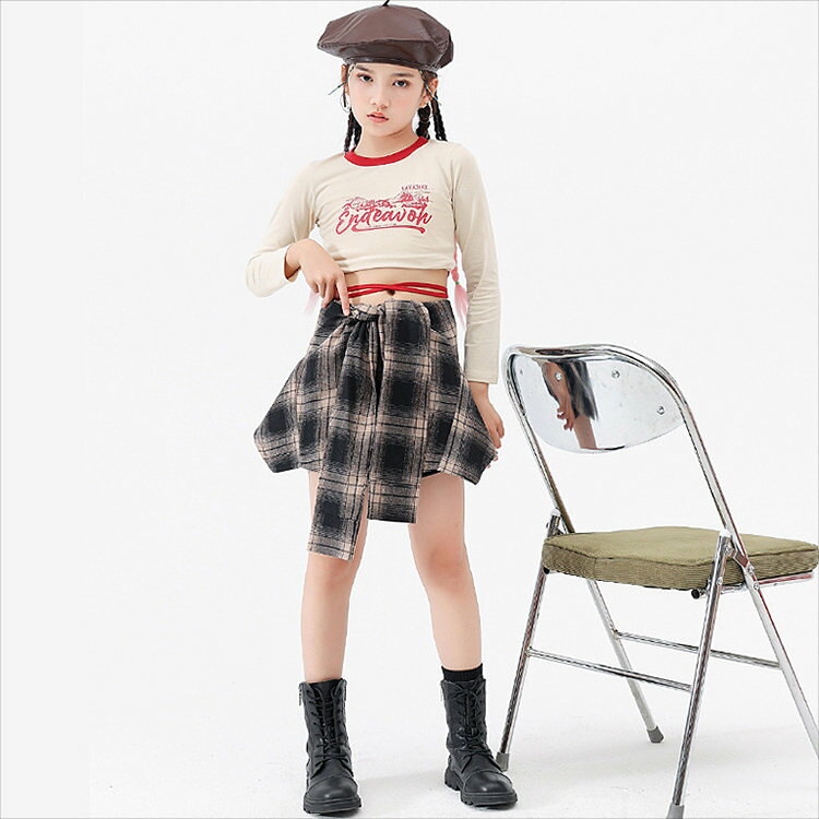 ベージュ ショート丈 トップス 長袖 女の子 韓国 k-pop jazz チア チアガール キッズ ダンス衣装 セットアップ おしゃれ ゆったり シンプル へそ出し トップス 上下セット チェック柄 パンツ スカート ジャズダンス ヒップホップ ファッション 発表会 演出服 団体服 練習着