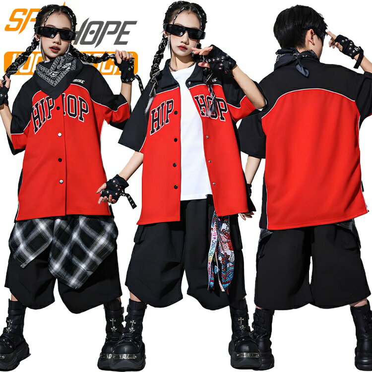 樂天商城 - キッズ ダンス 衣装 セットアップ 女の子 男の子 赤色 柄シャツ 総柄 半袖 hip hop シャツ カジュアルシャツ トップス 白 ダンスウェア ハーフパンツ 韓国 k-pop ジャズダンス ヒップホップ 発表会 演出服 団体服 練習着 上下セット ストリート系 原宿系 おしゃれ ファション