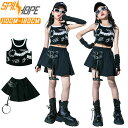 キッズ ダンス衣装 女の子 韓国 k-pop jazz 黒色 白 ショート丈 トップス 総柄 へそ出し 袖なし トップス プリーツスカート セットアップ かっこいい かわいい ぴったり スカート 黒スカート ジャズダンス ヒップホップ 演出服 練習着 個性派 派手 夏 グラフィティ ジレー