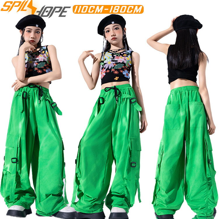 グリーン 緑色 黒 ブラック 女の子 jazz ギャル系 タンクトップ トップス ショートトップ カーゴパンツ 花柄 肩出し へそ出し キッズ ダンス衣装 セットアップ チアガール ジャズダンス 可愛い かっこいい 夏 女の子 ヒップホップ 発表会 演出服 団体服 練習着 個性派 派手