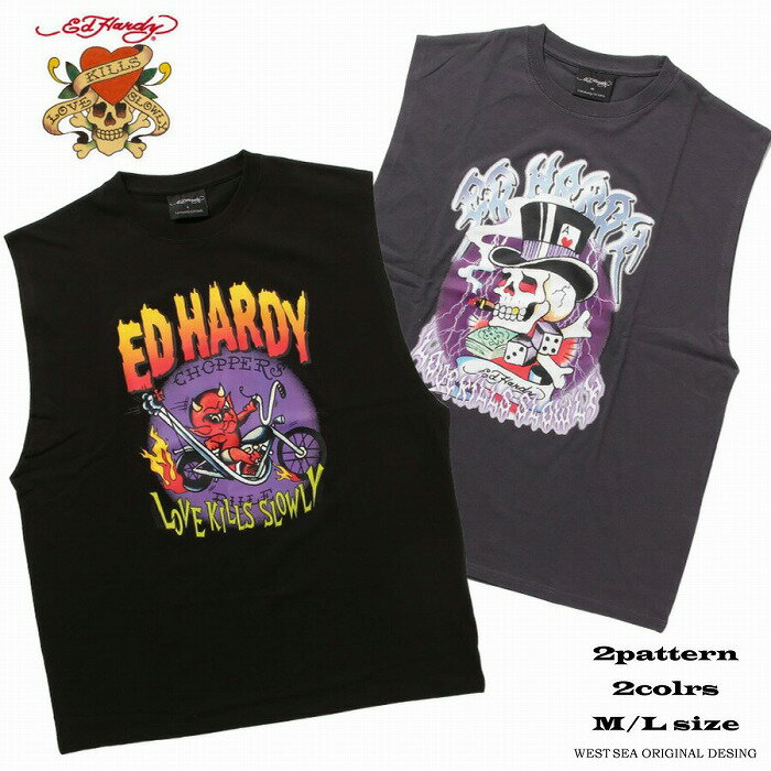 EdHardy エドハーディー ノースリーブ タンクトップ メンズ カットソー tシャツ クルーネック プリント ロゴ デビル ドクロ ダイス サイコロ バイク 黒 チャコールグレー 綿100％ ストリート系 夏服 夏 おしゃれ かっこいい トップス