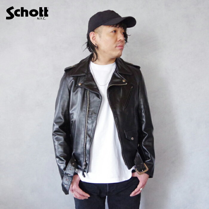 Schott(ショット) 613UHT HORSEHIDE ONESTAR TALL (7416) メンズ トップス アウター レザージャケット ブルゾン カジュアル シンプル ストリート 本革 馬革 ブラック 黒 バイク バイカー 秋 冬 ライダース