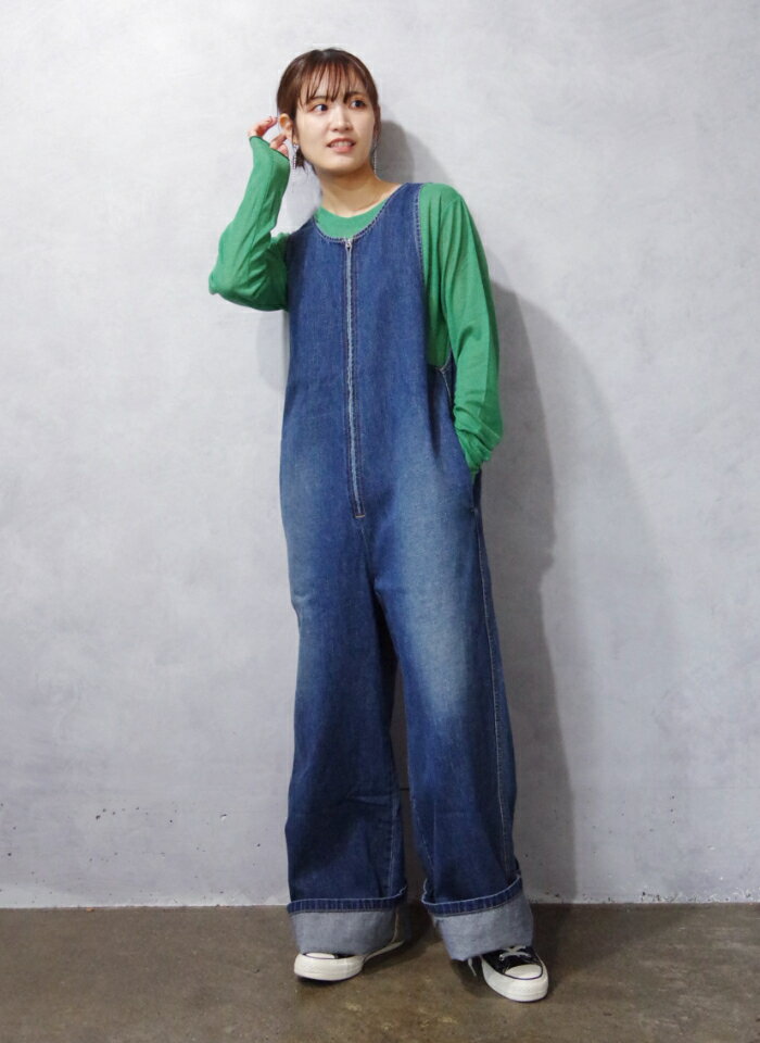 Johnbull (ジョンブル) デニムオールインワン (JL243P20) レディース サロペット ゆったり 体型カバー かわいい リラックススタイル ワイド 加工感