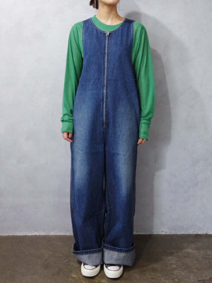 Johnbull (ジョンブル) デニムオールインワン (JL243P20) レディース サロペット ゆったり 体型カバー かわいい リラックススタイル ワイド 加工感