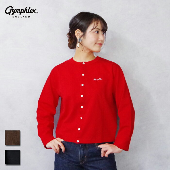 Gymphlex (ジムフレックス) コットン 長袖ショートカーディガン (GYC0367/GY-C0367 SCT) レディース トップス ロゴ 刺繍 クルーネックカーディガン コットン 綿 レギュラーフィット 丈感