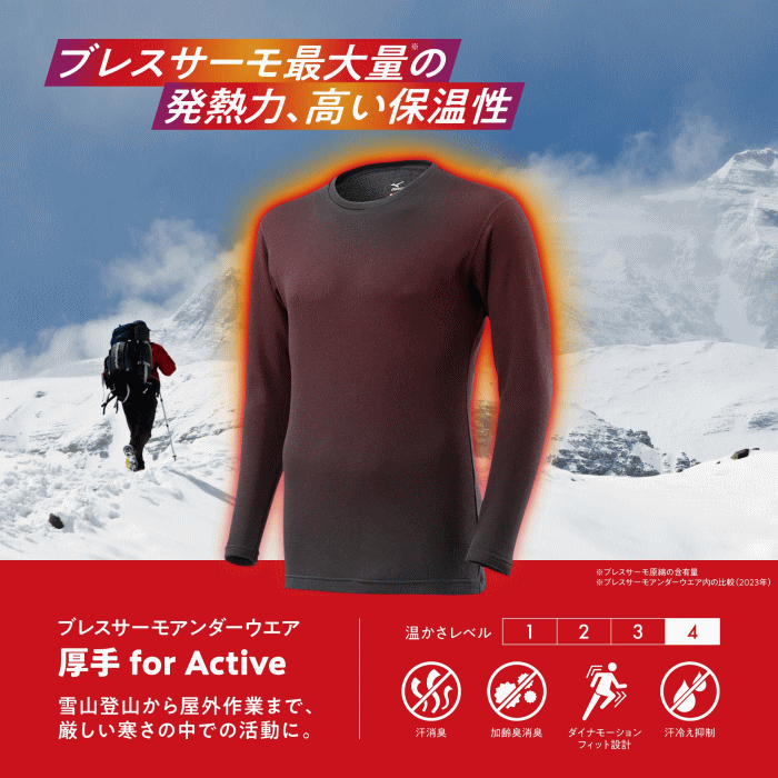 スポーツアイランドの【10％OFFクーポン配布中】ミズノ ブレスサーモ 発熱ウエア 肌着 下着 クルーネック 長袖シャツ レディース 女性用 MIZUNO BREATH THERMO C2JAA841【 厚手 for Active 】【2023年モデル】【1枚までメール便OK】｜アングル2
