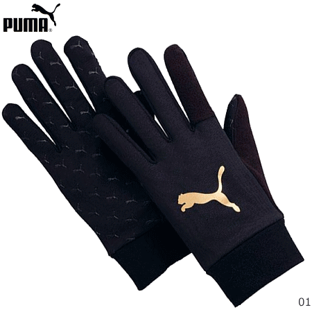 PUMA プーマ サッカー フットボール 手袋 グローブ パーム部に滑り止め加工が付いた、軽量グローブ。 ■メーカー希望小売価格：3,500円＋税 ■カラー：(01)ブラック／チーム　ゴールド ■素材：合成繊維（ポリエステル） ※当店とメーカーの在庫を合わせた数を表示しておりますので、 稀に欠品する場合もございます。 1枚までメール便がご利用頂けます！(送料220円) ＜ご希望の方はこちらをご確認ください。　