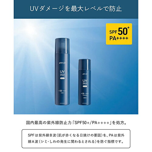 SPF50+ PA++++ ウォータープルーフ仕様 サッとひと吹き透明UVスプレー 髪・頭皮も日焼け対策 透明・無着色で白くならない 1.手を汚さず手軽に使える 2.べたつかないサラサラ感 3.どんなシーンも安心の無香料 内容量：60g 原産国：日本
