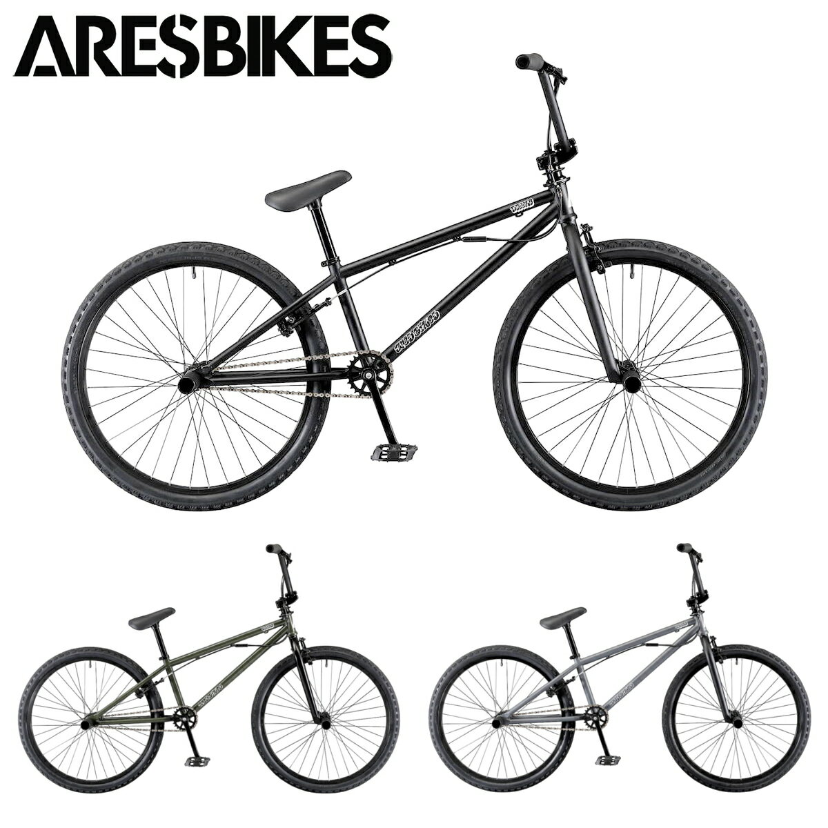 STEELO-FSは、遊べて走れる24インチとして開発された ARESBIKESオリジナルなBMXです。 前輪、後輪ハブシャフトに強度の高いフリースタイル用の10mmシャフトをスペックインしたアルミ4本ペグと、ハンドルを回す為のジャイロローター、軽量で、転倒時の衝撃吸収と、トリックをミスして足にペダルがヒットした時にダメージを低減させる為にプラスティック製ペダルを使用。ギア比も25T × 9Tで走り心地も快適です。 価格設定、重量、クオリティー全てのバランスを兼ね備えた注目のコンプリートバイクです。 Color Mat Black, M.D GRAY,MAT OLIVE Frame STEELO FS Top Tube Length 519mm(20.4″) Rear Center 386mm(15.19″) Head Angle 75° Seat Angle 71° Rear End size 10mm Head Tube INTEGRATED Fork STEELO 24 off set 25mm Fork Bar Bar Rise 210mm, Width 700mm, Back Sweep 9° Stem STEM 50mm Grip Black Grip Gyro Normal type Brake Lever Tektro XL510 Brake Lever Brakes Tektro 907A U-Brake Crank 3pcs Crank 170mm BB Sealed Bearing,Euro BB Chain KMC Z410A NP/BR Seat 198x118mm Black Seat Post 25.4x200mm Include with Seat Sproket STEEL Ring 25T Pedal Plastic Pedal Rims ALEX DU30 Black 36H × 24inch Spoke #14 Stainless, Black Rear Hub KT AB9R 9T × 36H 10mm AXLE Front Hub 36H ALLOY Lose Ball 10mm Tires 24 × 1.90 Pegs Alloy Peg 38mm x 110mm weight 12.4Kg ※商品の仕様は予告無く変更される場合がございます。また、掲載されています写真は実際の品と異なることがございます。 ※ご注文後のサイズおよびカラー変更は受け付けておりません。