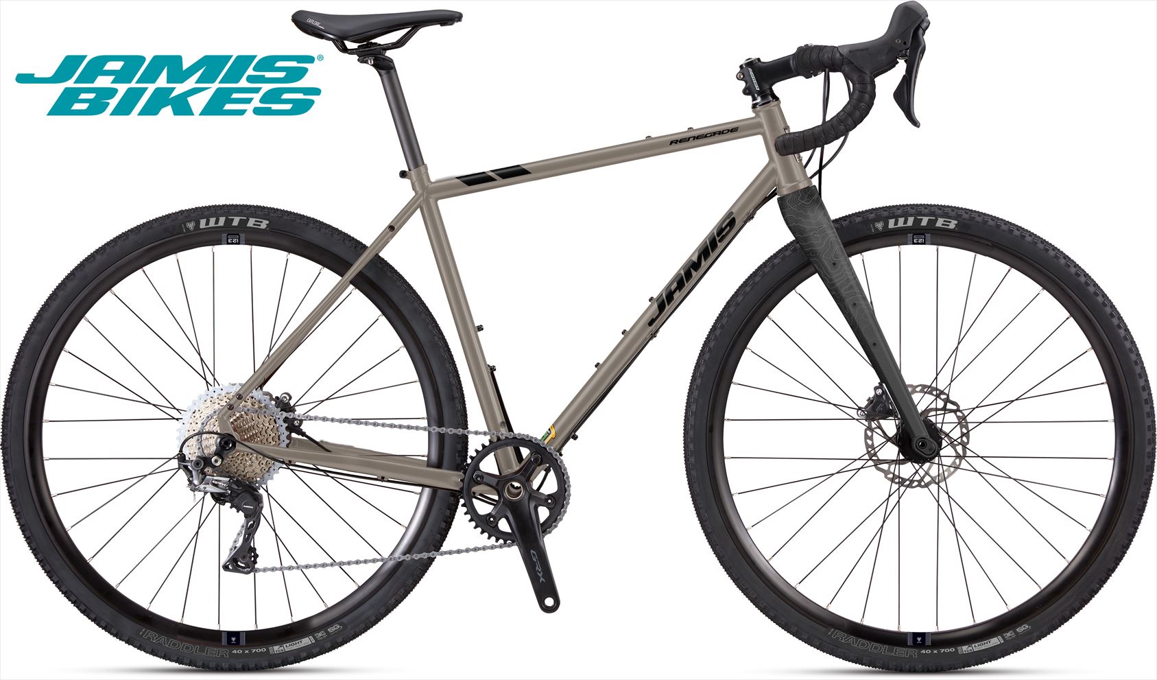 JAMIS ジェイミス RENEGADE S2 レネゲード2 2024 グラベルロードバイク アドベンチャーバイク 自転車 Frame Reynolds 631 double-butted chromoly tubes, tapered head tube for tapered fork, threaded T47 BB shell, 12mmThru-axle, flat mount chain stay disc brake mounts, internal dropper post ready, 3 waterbottle mounts Fork Monocoque carbon, 12mm Thru-axle, tapered steerer, flat mount disc brakes, lowrider and 3 water bottle eyelets Headset FSA No.57E/42/CUP Internal headset with lower cup, 1.5 - 1 1/8” Wheels WTB ST i23 TCS 2.0 rims, Bear Paws alloy 6-bolt hubs, front 12mm/rear 12x142 thru-axle with Switch Lever Tires WTB RADDLER Tubeless, 700 x 44c, Dual DNA Compound, Aramid bead Derailleurs Shimano GRX RD-RX822 GS Shadow Plus Shiftlevers Shimano GRX ST-RX820 Dual Control STI, 12-speed. Chain KMC x12 EPT Anti-Rust Cassette Shimano CS-M7100, 12-speed, 10-45T Cassette Shimano GRX FC-RX600/Praxis Alba GR, 40T, 165mm (48), 170mm (51)172.5mm (54/56), 175mm (58) BB Set FSA T47 Pedals N/A Brakeset Shimano GRX BR-RX400, RT66 160mm rotors Handlebar Ritchey Baquiano Comp, 31.8 x 420 (48-51) 440mm (54-56), 460mm (58) Stem Ritchey 4-AXIS Stem 6°x60mm (48-51), 70mm (54-56), 80mm (58) Tape Velo EVA gel with gel inserts Seat Post Jamis carbon fiber micro-adjust, 27.2 x 300mm, 0mm offset Saddle Selle Royal SRX Gravel Saddle with CROMO rails ※商品の仕様は予告無く変更される場合がございます。また、掲載されています写真は実際の品と異なることがございます。 ※ご注文後のサイズおよびカラー変更は受け付けておりません。