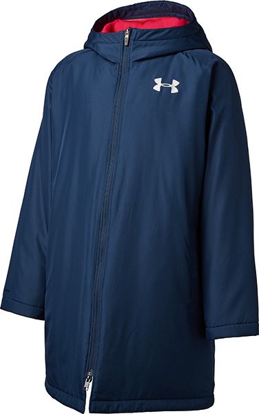 ￥11000(税抜) アンダーアーマー(UNDER ARMOUR) ジュニア ベンチコート UAインサレート 品番：1347322 カラー：Academy(409) サイズ：YXS(120)、YSM(130)、YMD(140)、YLG(150)、YXL(160) ジュニアサイズ(cm) YSM(130)/身長125-135、着丈72.5、身幅49.5 YMD(140)/身長135-145、着丈76、身幅52 YLG(150)/身長145-155、着丈80、身幅54.5 YXL(160)/身長155-165、着丈84、身幅57 素材：ポリエステル100％ 機能・特徴 ・裏地に起毛素材を使用 ・動きやすさも考慮し、ややミドル丈の仕上がり ・両サイドにポケット ・撥水：撥水機能のある生地が、雨や水から身体をドライに保つ ・防風：吹き付ける風の侵入を減らし、体温の保持をサポートする ・STORM：悪天候の中でも快適な撥水加工を施したモデル