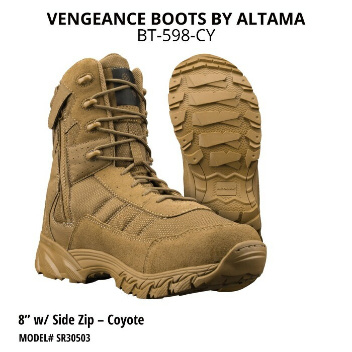 アルタマ サイドジップ タクティカルブーツ ALTAMA 8" W/SIDE ZIP VENGEANCE BOOTS SR30503（BT-598-CY） アウトドア ミリタリー ALTAMAは米軍仕様のミルスペックモデル（軍規格）なども生産、納入している確かなブランドです。当然、過酷な環境下での使用を想定したハイスペックを有したモデルを多く生産しています。クッション性能が高く泥や水に対して最高レベルの排水性とグリップを高めたEVAソールを採用しています。ミッドドソールはEVA衝撃から足を守ります。表面に本革を使いライナーには湿気を逃すウイッキングライナーを使用し快適な履き心地を提供してくれます。着脱がイージーなサイドジップブーツです。幅広なワイドフィット仕様になっています。 ●Material: Leather, Mesh ●Color: COYOTE ●Brand: ALTAMA ●Components: Side Zipper, Steel Shank, Rustproof Eyelets ●Material Specs: Rubber Outsole, EVA Midsole ●Weather: All Weather ●Closures And Fasteners: Laces, Zipper ●Width: Wide ご注文前に、必ず当店規約・概要をご確認ください。　