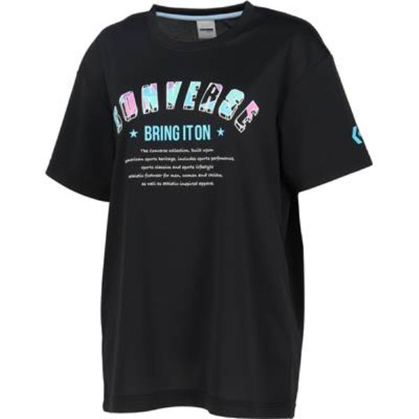 コンバースのデザインロゴをカラフルに表現。バスケ以外でも合わせやすいマルチスポーツ向けTシャツ。柔らかな肌触りに吸汗速乾を兼ね揃えたスポーツ向けアイテムです。 ■メーカー：CONVERSE コンバース ■品名：ガールズプリントTシャツ ■品番：CB341351 ■カラー：1900（ブラック） ■サイズ：S・M・L ■素材：クイックドライメッシュニット（ポリエステル100％） ■生産国：中国製 ■機能：吸汗速乾実店舗在庫品　平日15時まで即出荷可能