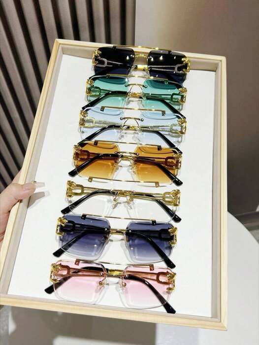 [ 8日から12日程度でお届け予定 ] アクセサリー レディース アイアクセサリー 7個入り レディース メタル スクエアフレームレス ファッション ストリートシック モダン エレガント ミニマリスト サングラスセット、ショッピング、パーティー、ストリー