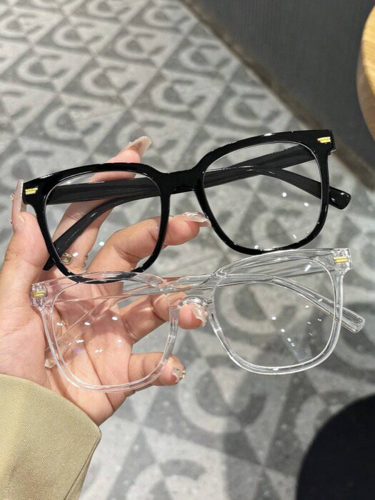 [ 8日から12日程度でお届け予定 ] アクセサリー レディース アイアクセサリー セット 2個 女性用 ブラック 透明 スタッズ付き スクエア ブルーライトカット メガネ、素材製、軽量、Y2Kスタイル、スマホアクセサリー、ブルーライトカットメガネ、フェ