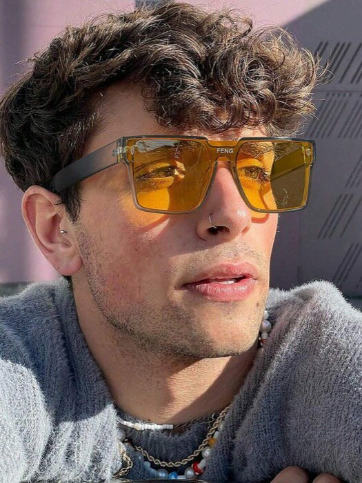 [ 8日から12日程度でお届け予定 ] アクセサリー メンズ アイアクセサリー 1個 メンズアクリル金属ヒンジ色付きレンズファッションメガネ、カジュアル大きめスクエアフレームY2Kメガネ、アウトドアアクティビティや旅行アクセサリーに