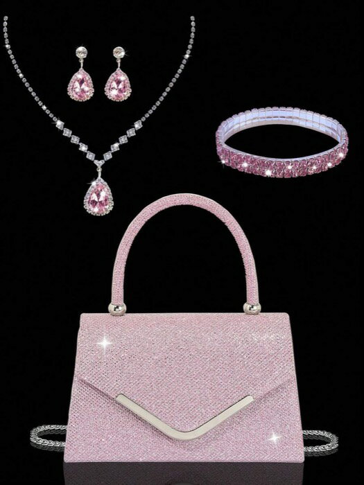 [ 8日から12日程度でお届け予定 ] バッグ レディース ドレスバッグ 輝き、エレガント、ファッショナブル、魅力的なラインストーンフラップハンドバッグ、洗練された女性用イブニングバッグ、グリッターラインストーンジュエリーセット(ネックレス、ブレスレット