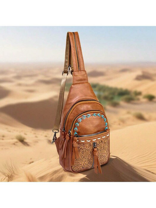 楽天Sports Studio 楽天市場店[ 8日から12日程度でお届け予定 ] バッグ レディース ウエストバッグ ボヘミアン レトロ PUレザー チェストバッグ、肩ストラップが伸縮してダブルショルダー仕様に。レザーエンボス加工、多数のポケット付き、携帯電話やコスメを収納できる。旅行、アウトド