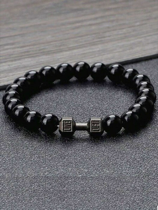 [ 8日から12日程度でお届け予定 ] ジュエリー メンズ ブレスレット 1個 ナチュラルマットブラック ボルカニック ストーン ビーズ ダンベル型チャームブレスレット、男女兼用