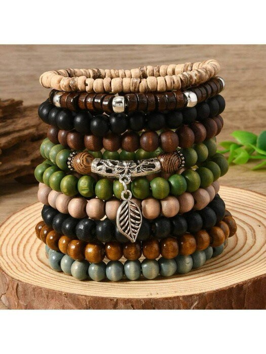 [ 8日から12日程度でお届け予定 ] ジュエリー メンズ ブレスレット 10個入 ボヘミアン風ハンドメイド木..