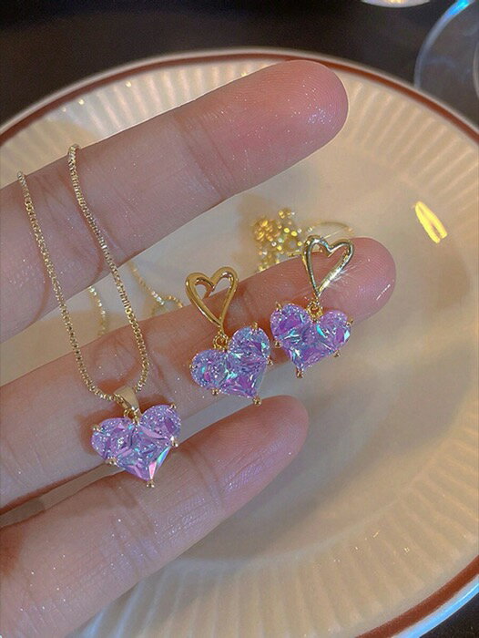 [ 8日から12日程度でお届け予定 ] ジュエリー レディース セット Y2kファッション パープル ハート型 ラインストーン ペンダントネックレス&ピアスセット 3個組、パーティー、デート、デイリー着用に、バレンタインの素敵なギフトに