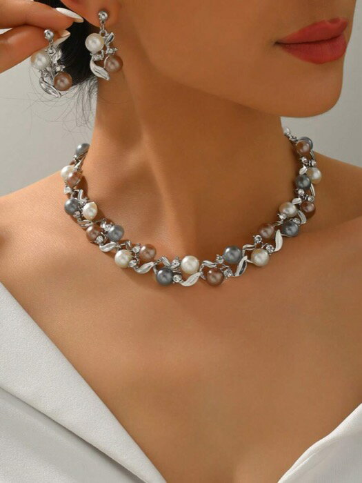 [ 8日から12日程度でお届け予定 ] ジュエリー レディース セット 真珠とラインストーンのフラワーネックレス&ピアスジュエリーセット3点入り、結婚式、卒業式、バレンタインデー、クリスマス、教師の日、母の日、パーティー、晩餐会、記念日、デート、ブライダ