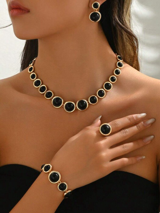 [ 8日から12日程度でお届け予定 ] ジュエリー レディース セット レトロ幾何学柄サークルジュエリーセット 4点 ネックレス ブレスレット ピアス リング、クラシックブラックアクリル 半円デコレーション、ファッション エレガント レディース、パーティ