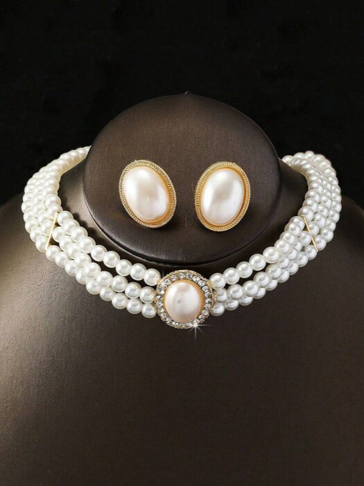 [ 8日から12日程度でお届け予定 ] ジュエリー レディース セット レトロ オーバル フェイクパール ピアス 1ペア & ネックレス ファッションジュエリーセット、エレガントなネックレスとピアスのスーツ、結婚式や休暇に