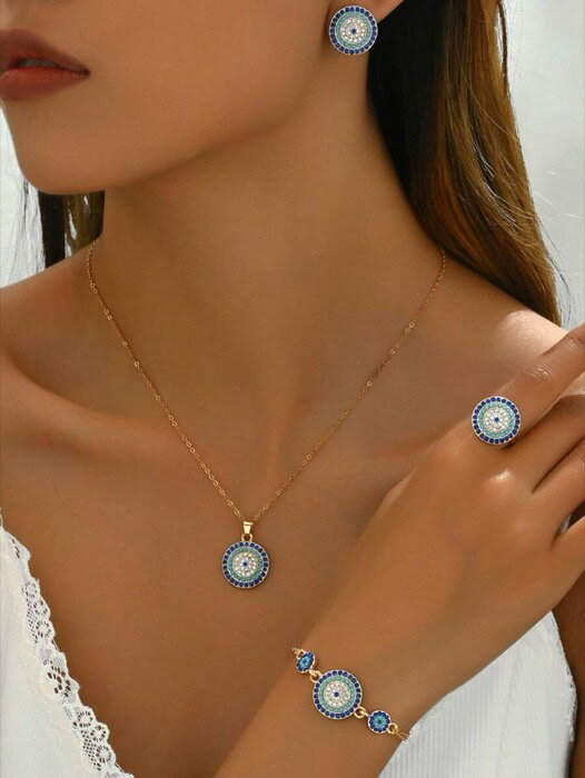 [ 8日から12日程度でお届け予定 ] ジュエリー レディース セット プラスチックアクセサリーセット ネックレス、ピアス、リング 4個入り、ラウンドブルーアイデザイン、女性のパーティーアクセサリー