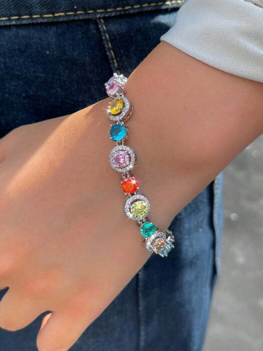 [ 8日から12日程度でお届け予定 ] ジュエリー レディース ブレスレット チェーン 1個 最新カラフルなレインボー丸形キュービックジルコニアテニスブレスレット、シルバーメッキ レディースジュエリーアクセサリー ホリデー、パーティー、結婚式、婚約、プロ