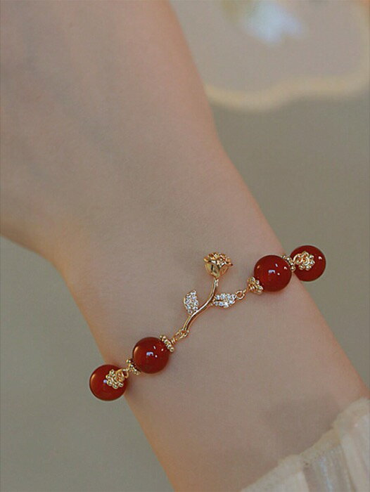 [ 8日から12日程度でお届け予定 ] ジュエリー レディース ブレスレット ビーズ 1個 レッドローズアゲート ラインストーン 天然石ブレスレット、ゴールドメタルローズチェーンブレスレット、女性の日常着やデートに適した ユニークなデザイン
