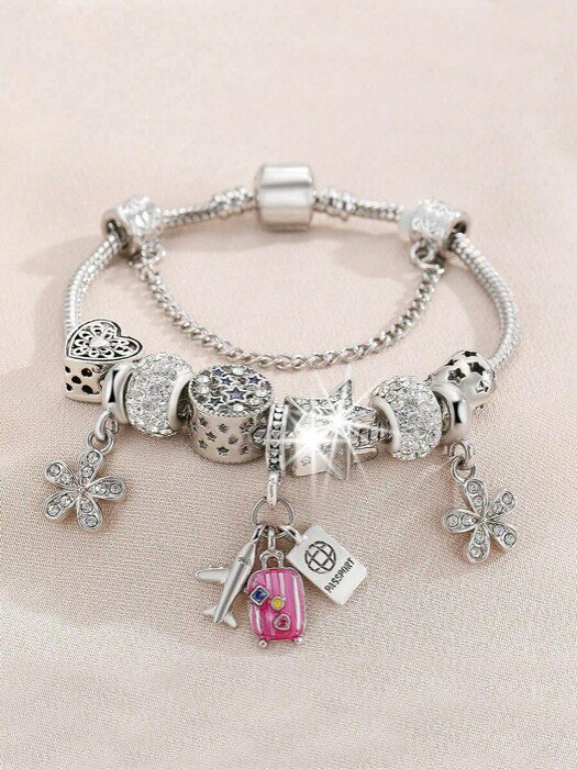 [ 8日から12日程度でお届け予定 ] ジュエリー レディース ブレスレット チェーン 1個 おしゃれなビーズブレスレット、飛行機、スーツケース、パスポートのペンダント付き、デイリーウェア アクセサリー ギフト