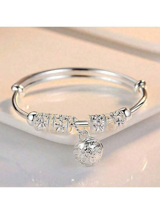[ 8日から12日程度でお届け予定 ] ジュエリー レディース ブレスレット バングル エレガントな925スターリングシルバー中空ベルボールバングル、ファッションシンプルデザイン、素晴らしい調整可能なブレスレットバングル、女性女の子の日常着、休日のギフト