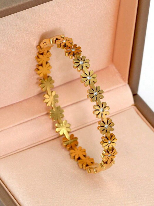 [ 8日から12日程度でお届け予定 ] ジュエリー レディース ブレスレット バングル ファッショナブルなステンレススチールデイジー&ジルコニアブレスレット、女性の会 、日常着用、クラシックな花柄デザインのリストジュエリーギフト