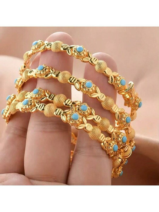 [ 8日から12日程度でお届け予定 ] ジュエリー レディース ブレスレット バングル 中東ドバイ 電気メッキゴールド 小麦の穂 カフブレスレット 4個セット、高級ブライダルジュエリーアクセサリー、アフリカ ナイジェリア女性用オープンバングルブレスレット