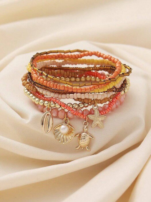 [ 8日から12日程度でお届け予定 ] ジュエリー レディース ブレスレット セット 9個セット サマーニューアライバル フレッシュ&カジュアル ホリデースタイル タートル スターフィッシュ フェイクパール&シェルペンダント ファッションビーズエラスティ