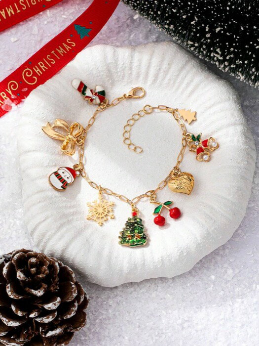 [ 8日から12日程度でお届け予定 ] ジュエリー レディース ブレスレット バングル 1個 エナメル クリスマスチャーム ブレスレット - ハートロケット、雪の結晶、キャンディケイン、さくらんぼのチャーム装飾チェーンブレスレット - ホリデーフェスティ