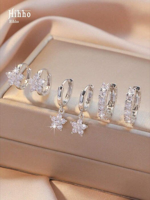 [ 8日から12日程度でお届け予定 ] ジュエリー レディース イヤーアクセサリー セット ストーン 花モチーフ ペンダントピアスとフープピアスのセット 6個入り、高級ジュエリーギフト バレンタイン、母の日、ギフト