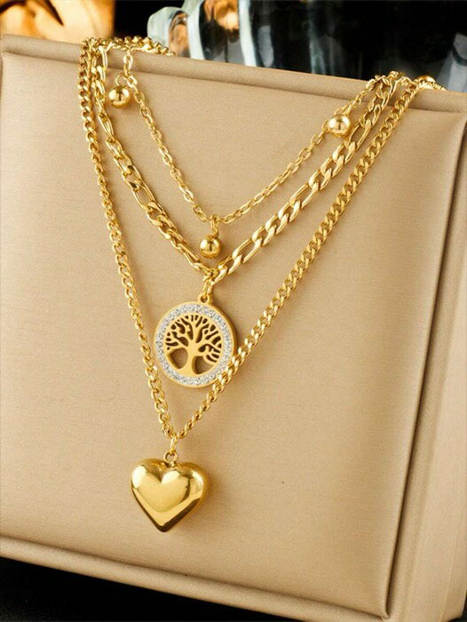 [ 8日から12日程度でお届け予定 ] ジュエリー レディース ネックレス レイヤード 1個 ファッショナブルなミニマリストレトロステンレスマルチレイヤーチェーンハートサークルディスクツリーオブライフペンダントネックレス、デイリーウェア、バレンタイン、母