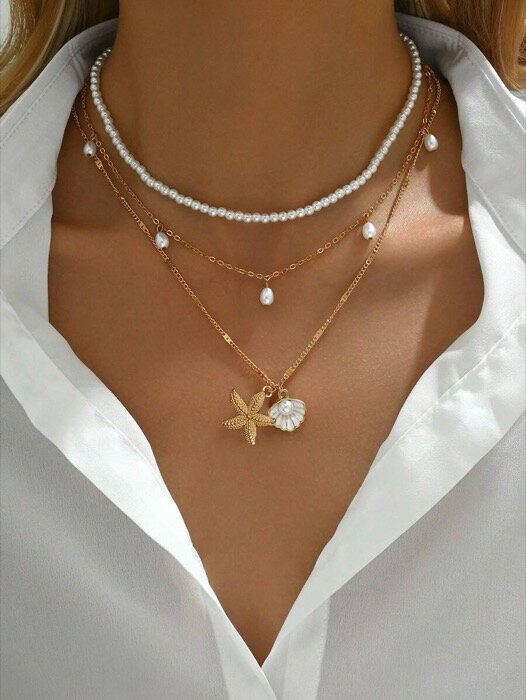 [ 8日から12日程度でお届け予定 ] ジュエリー レディース ネックレス セット 3個セット フェイクパール タッセル、ヒトデ&貝飾りビーズネックレスセット、多層チョーカーネックレス、カジュアルウェアや夏のビーチに適しています